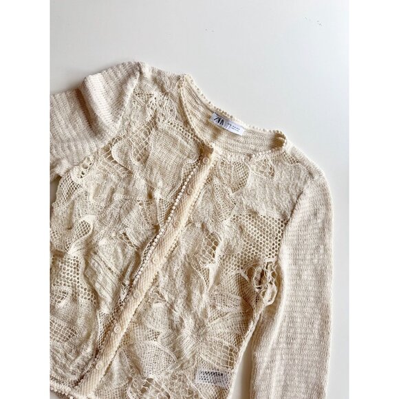 ZARA Ecru Ivory Contrast Cotton Blend Lace Knit Cardigan Sweater, Size XL - Picture 6 of 16